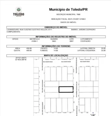 Toledo Jardim Coopagro terreno Venda R$375.000,00  Area do terreno 490.00m2 