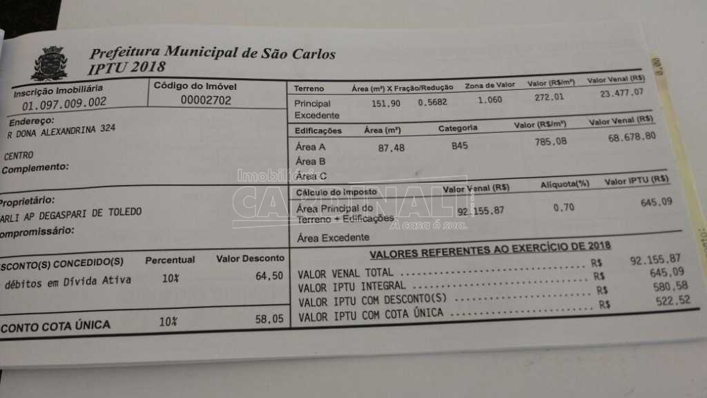 Sao Carlos Centro Comercial Venda R$685.000,00 Area construida 153.96m2